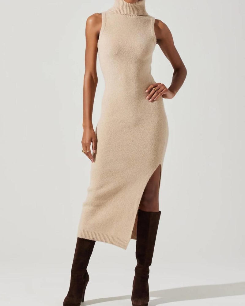 Front of a model wearing a size L Irina Sweater Dress In Taupe in Taupe by ASTR. | dia_product_style_image_id:359691